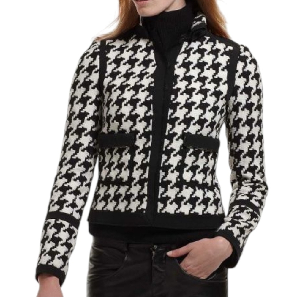 Pink Tartan Houndstooth Blazer Women 10 Preppy Black White